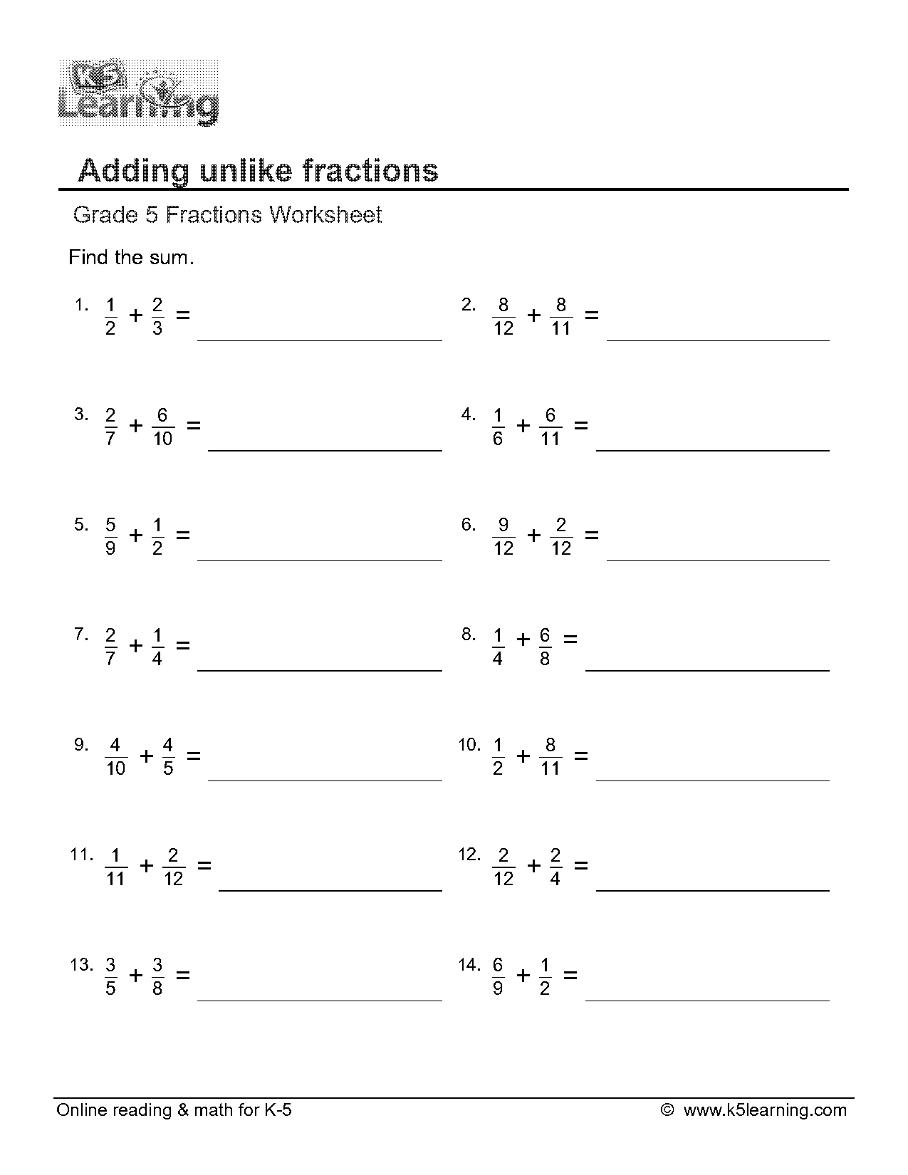 unlike denominators adding fractions worksheet