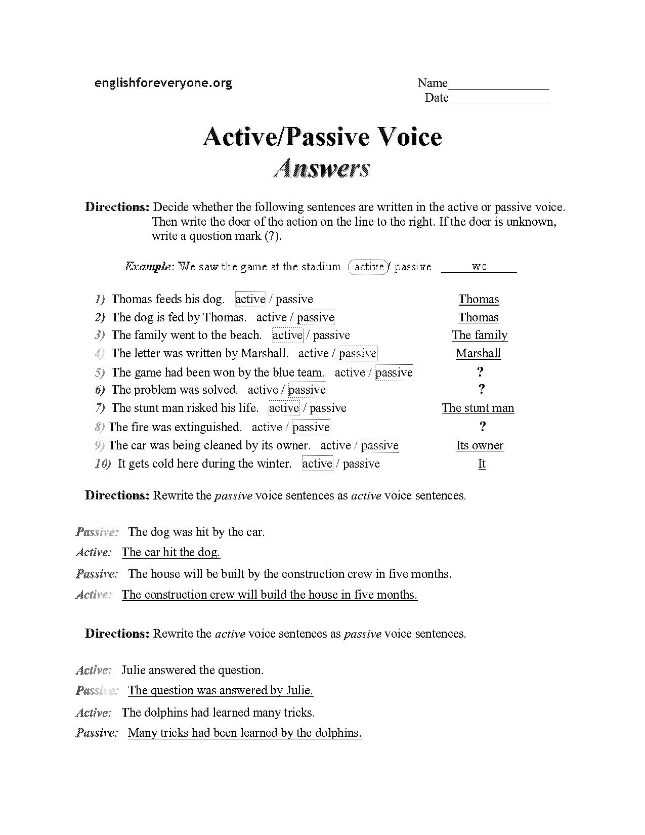 active and passive voice examples with answers pdf