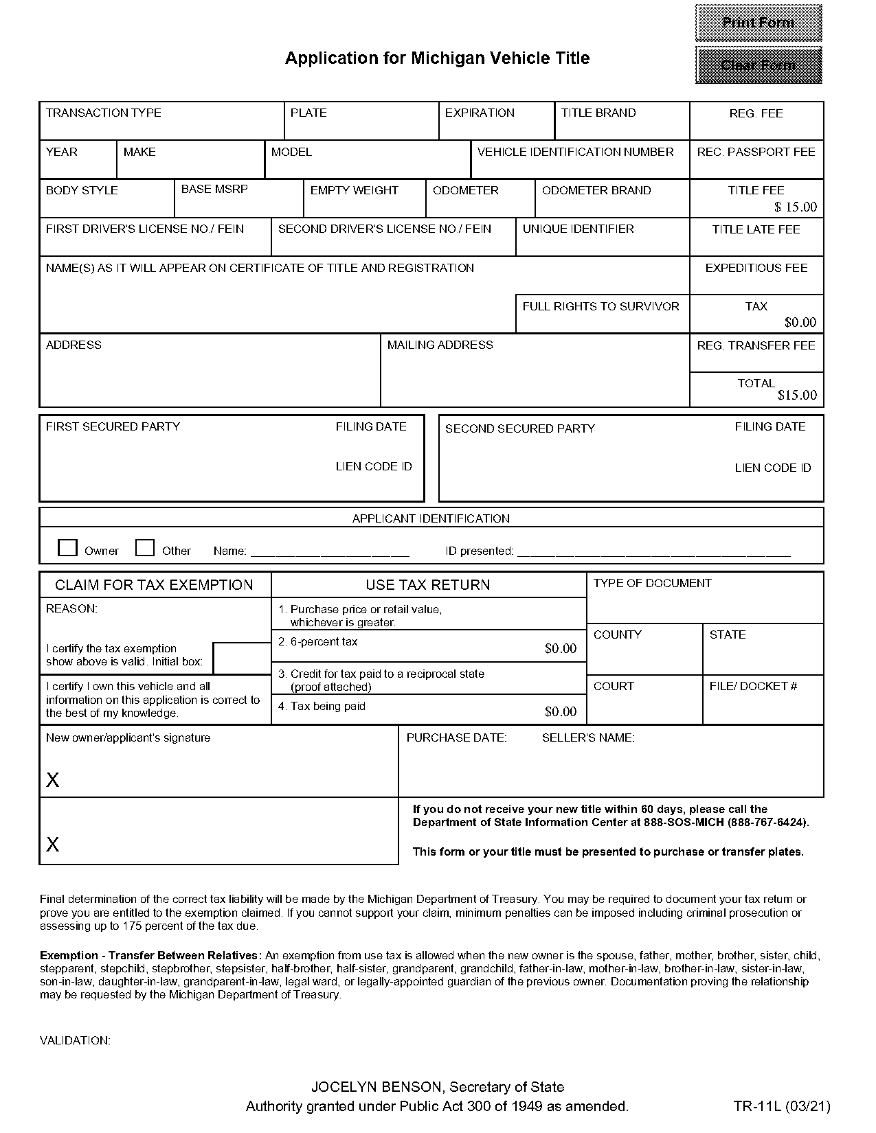 michigan out of state title application