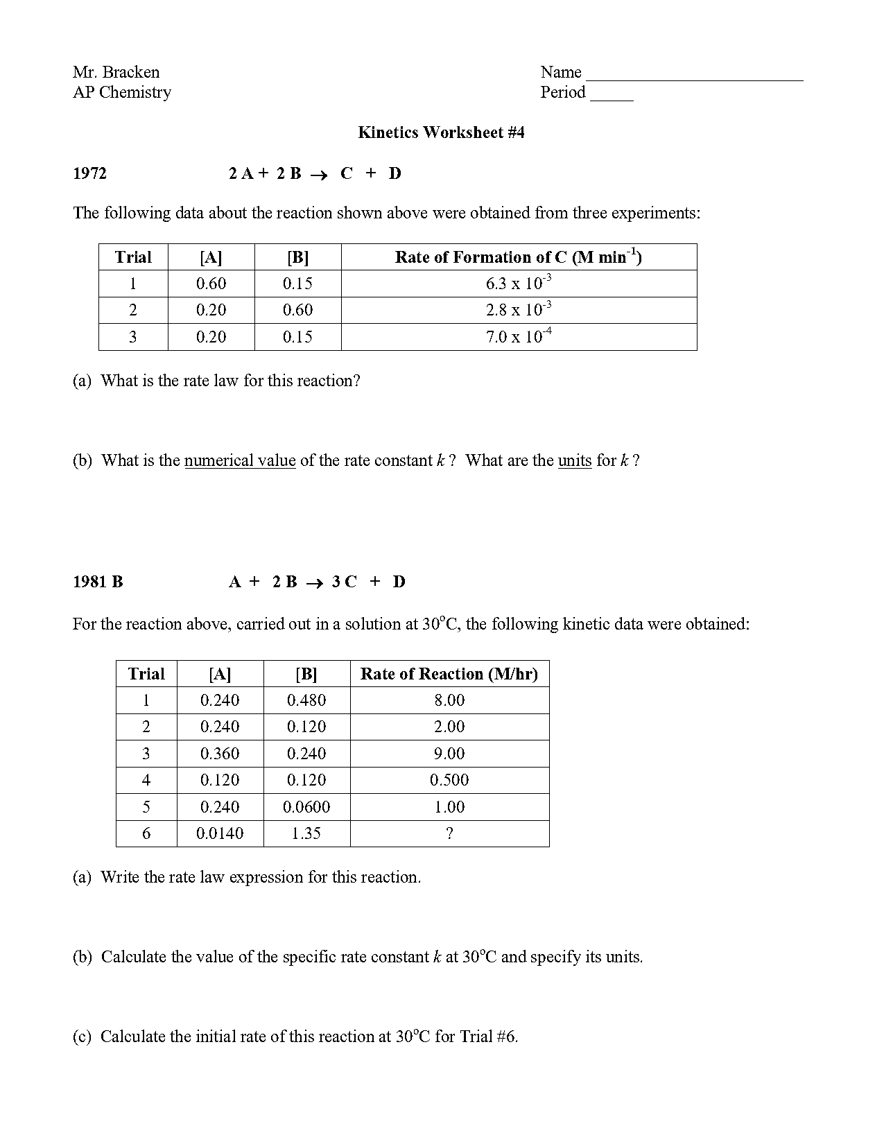 ap chemistry chemical kinetics rate laws worksheet answers