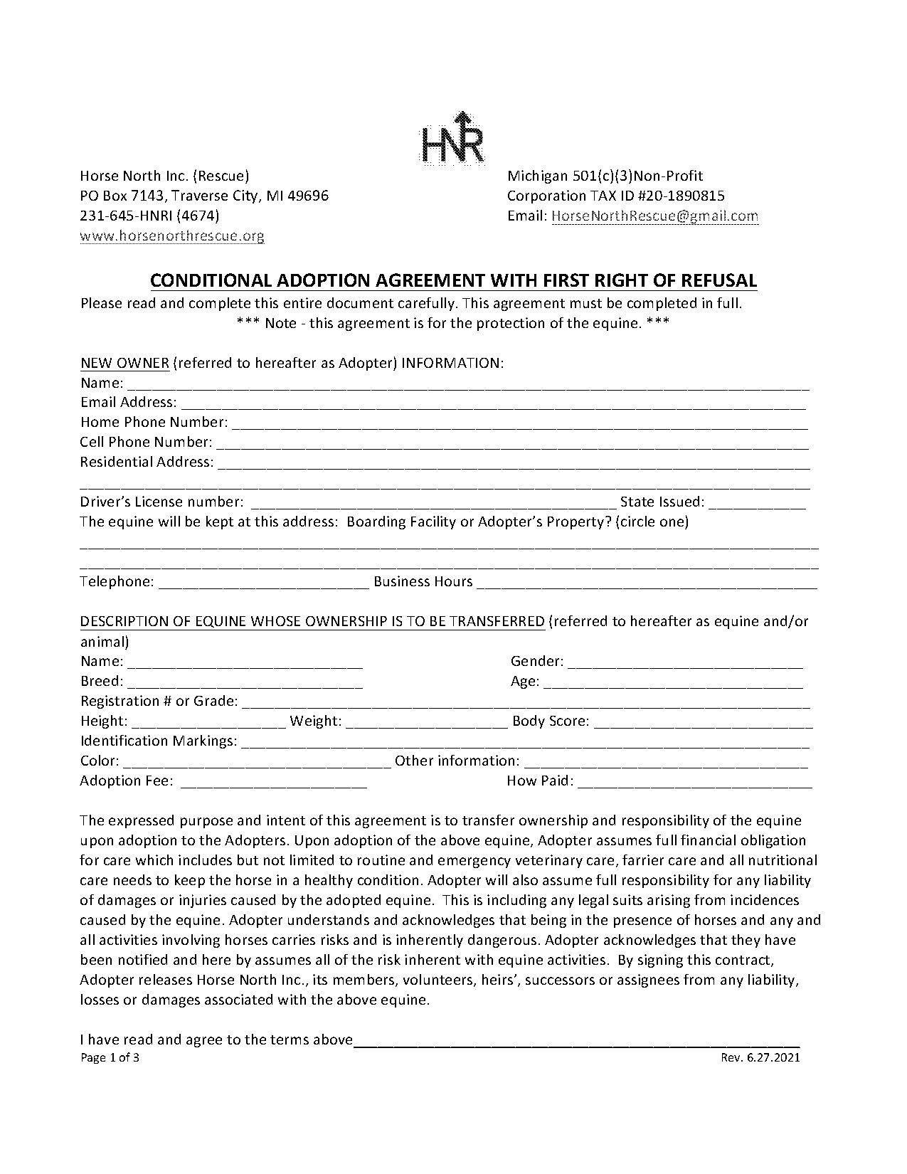 sample horse adoption contract