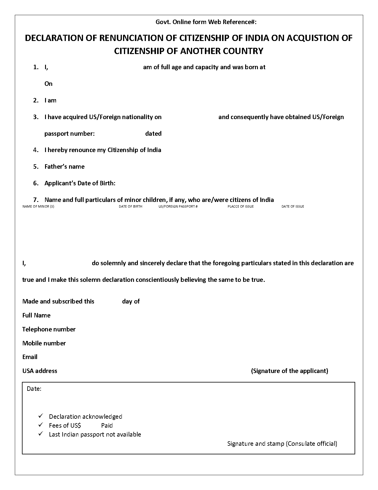 declaration of renunciation of indian citizenship form