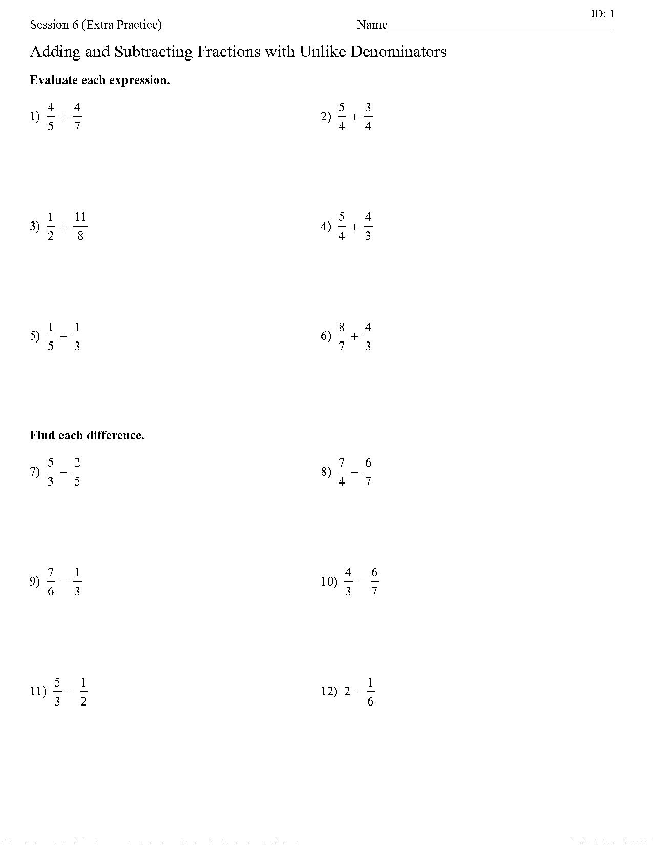 unlike denominators adding fractions worksheet