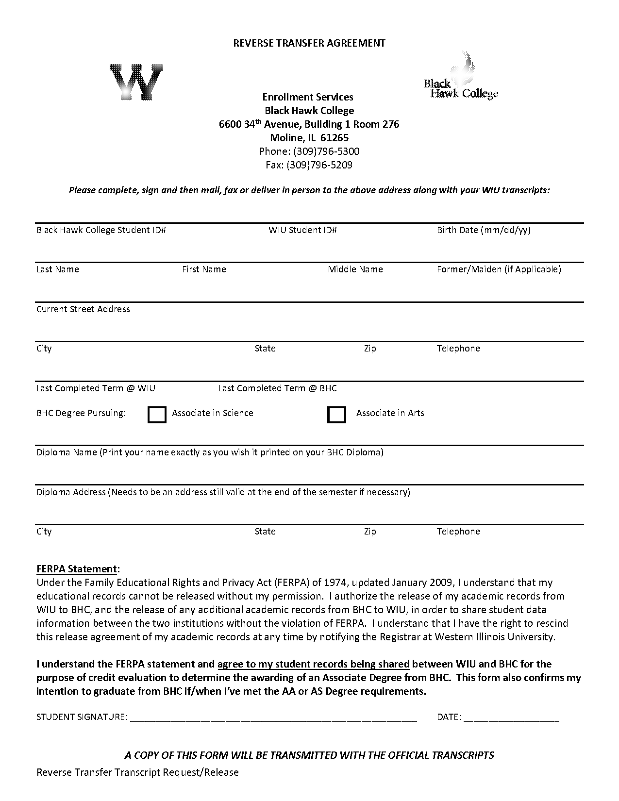 black hawk college request transcript