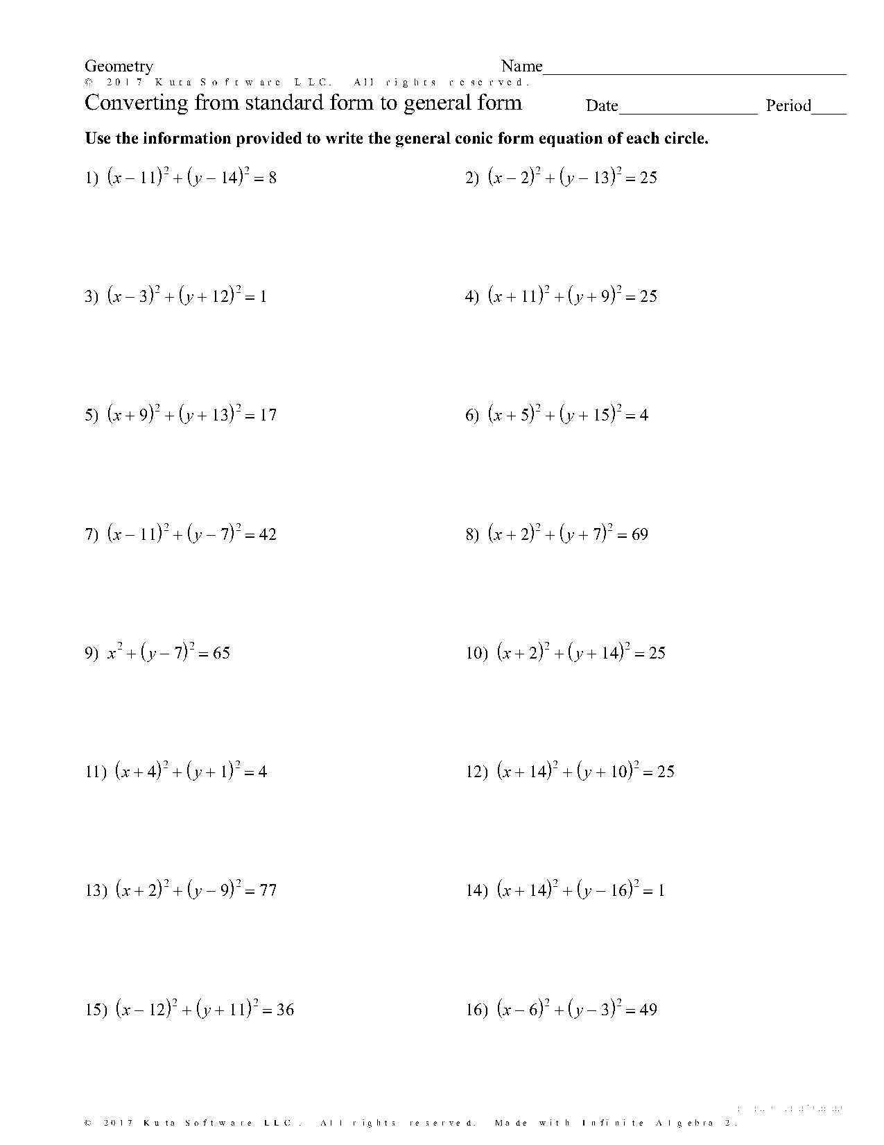 write standard form equation of a circle