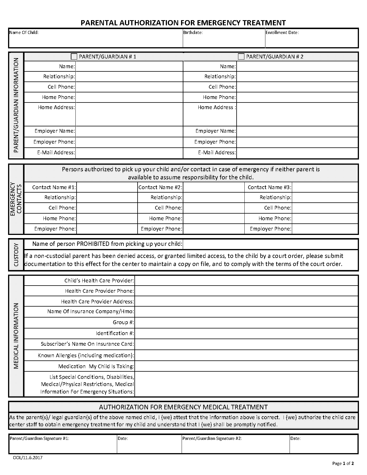 child care authorization form free