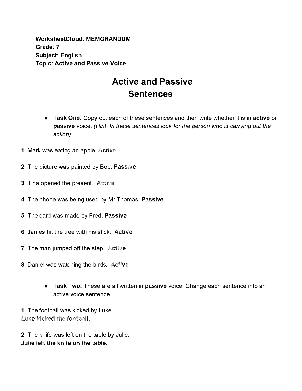 active and passive voice examples with answers pdf