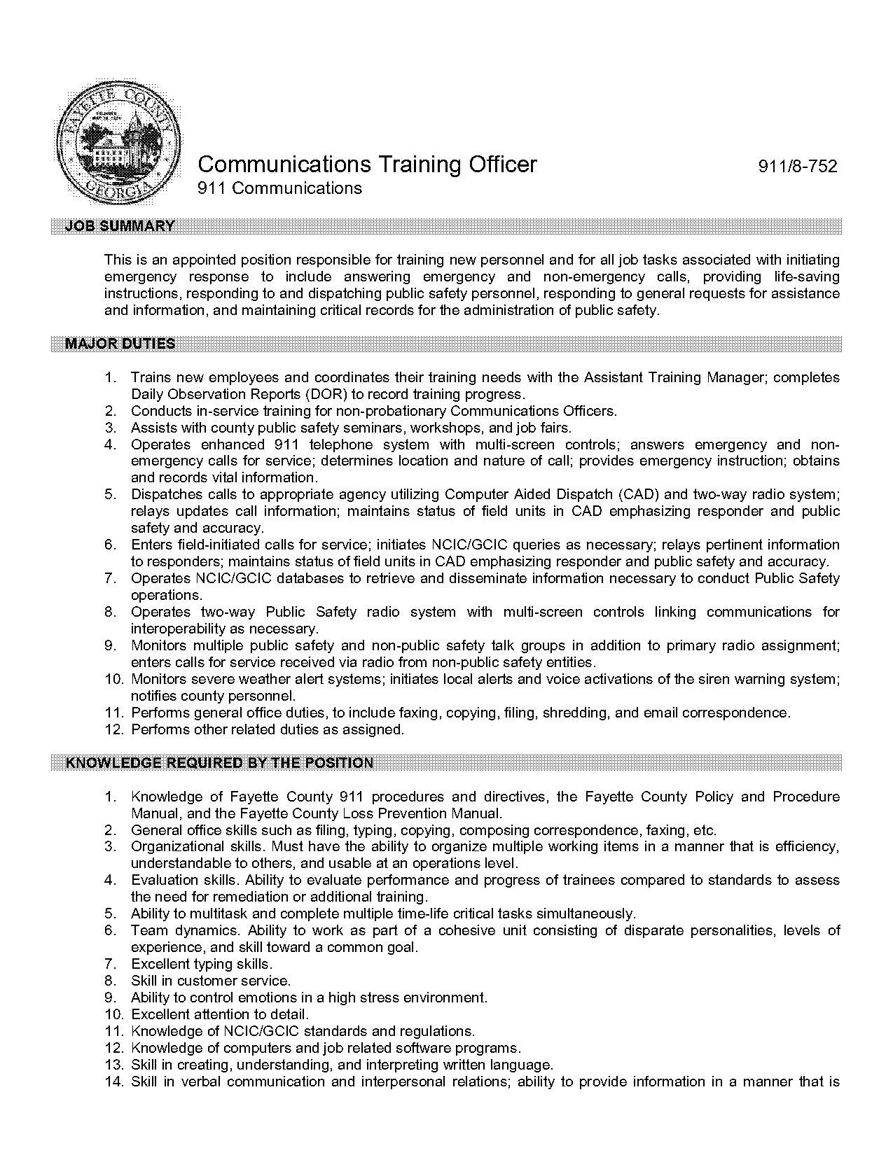 training officer job description template