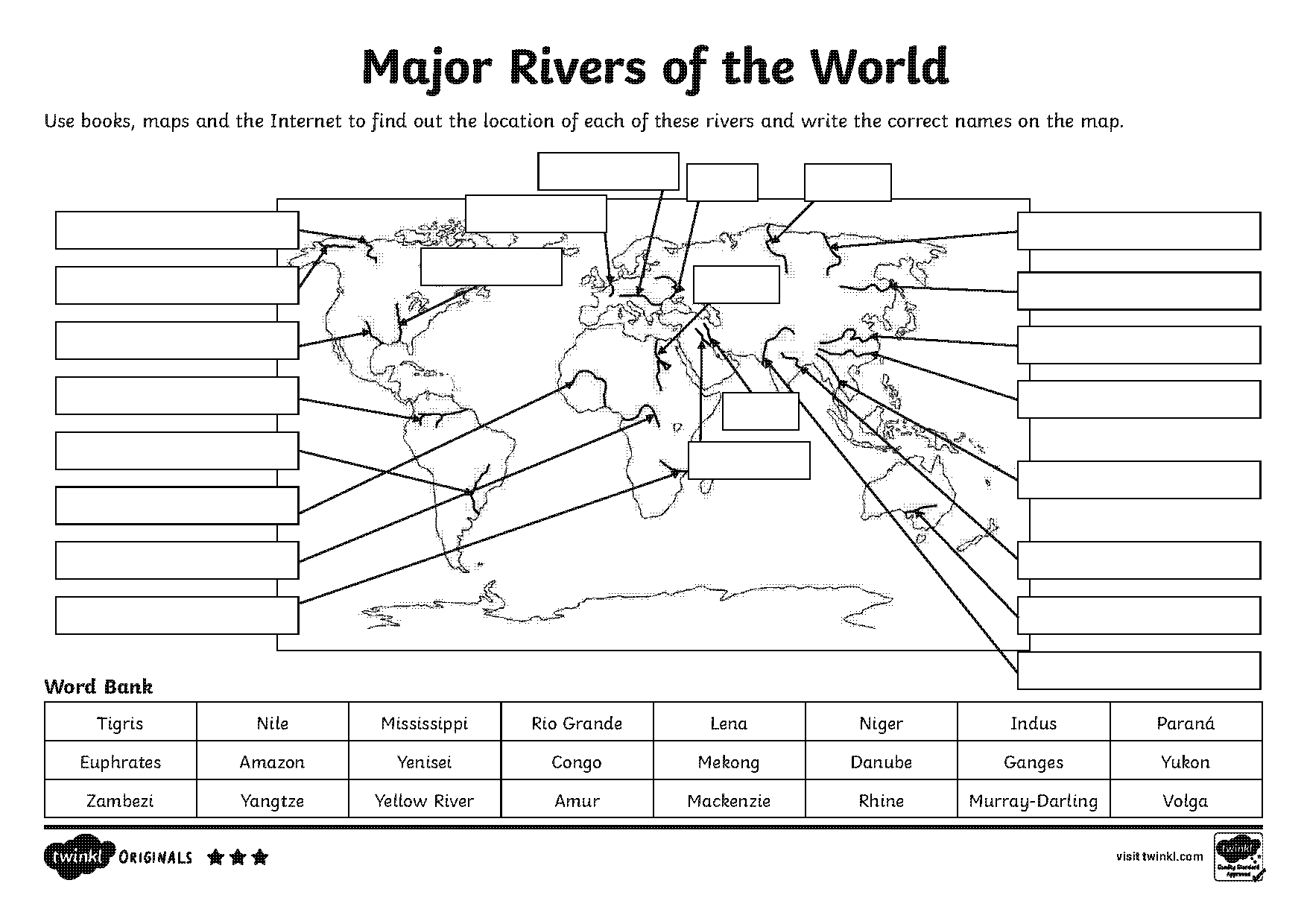 blank map of the world with rivers