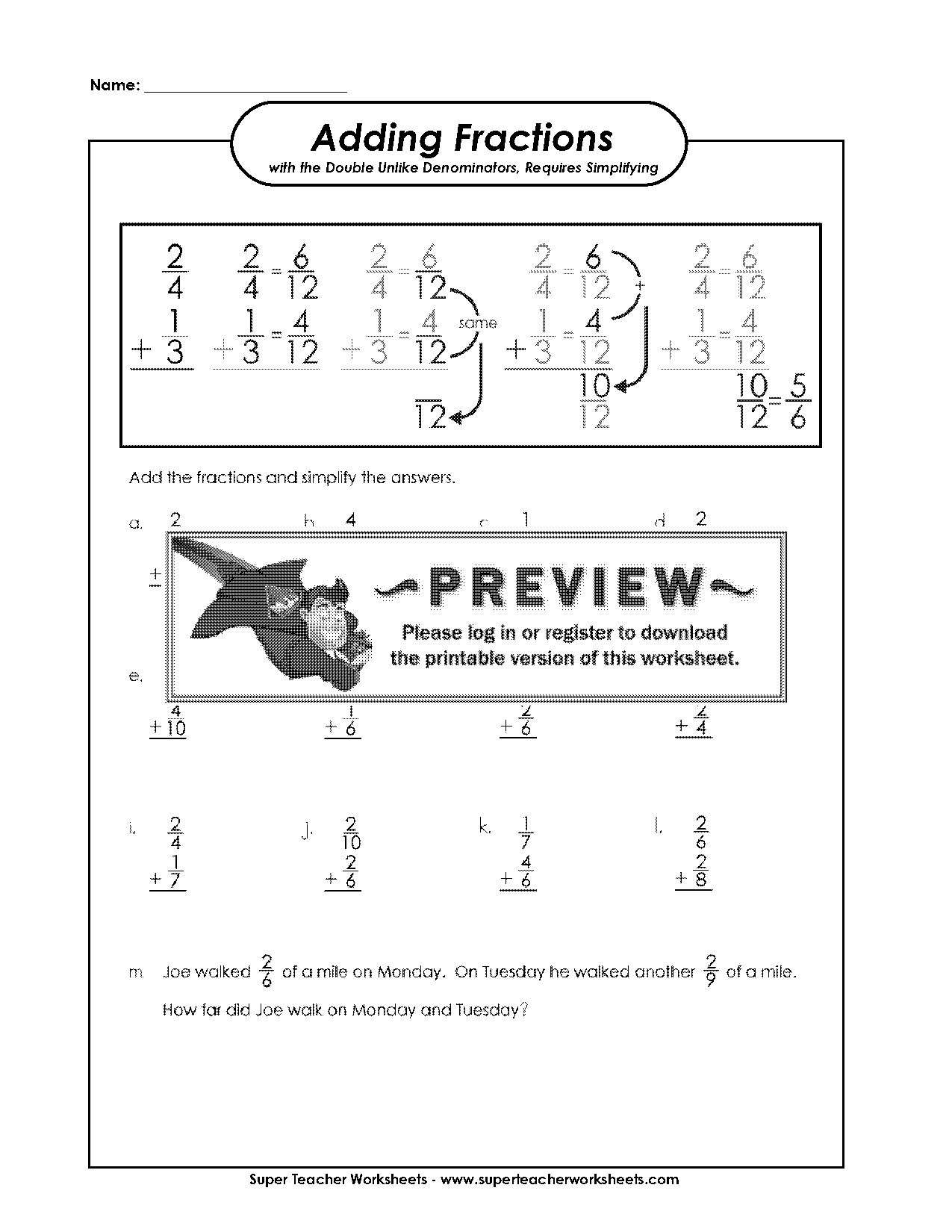 unlike denominators adding fractions worksheet