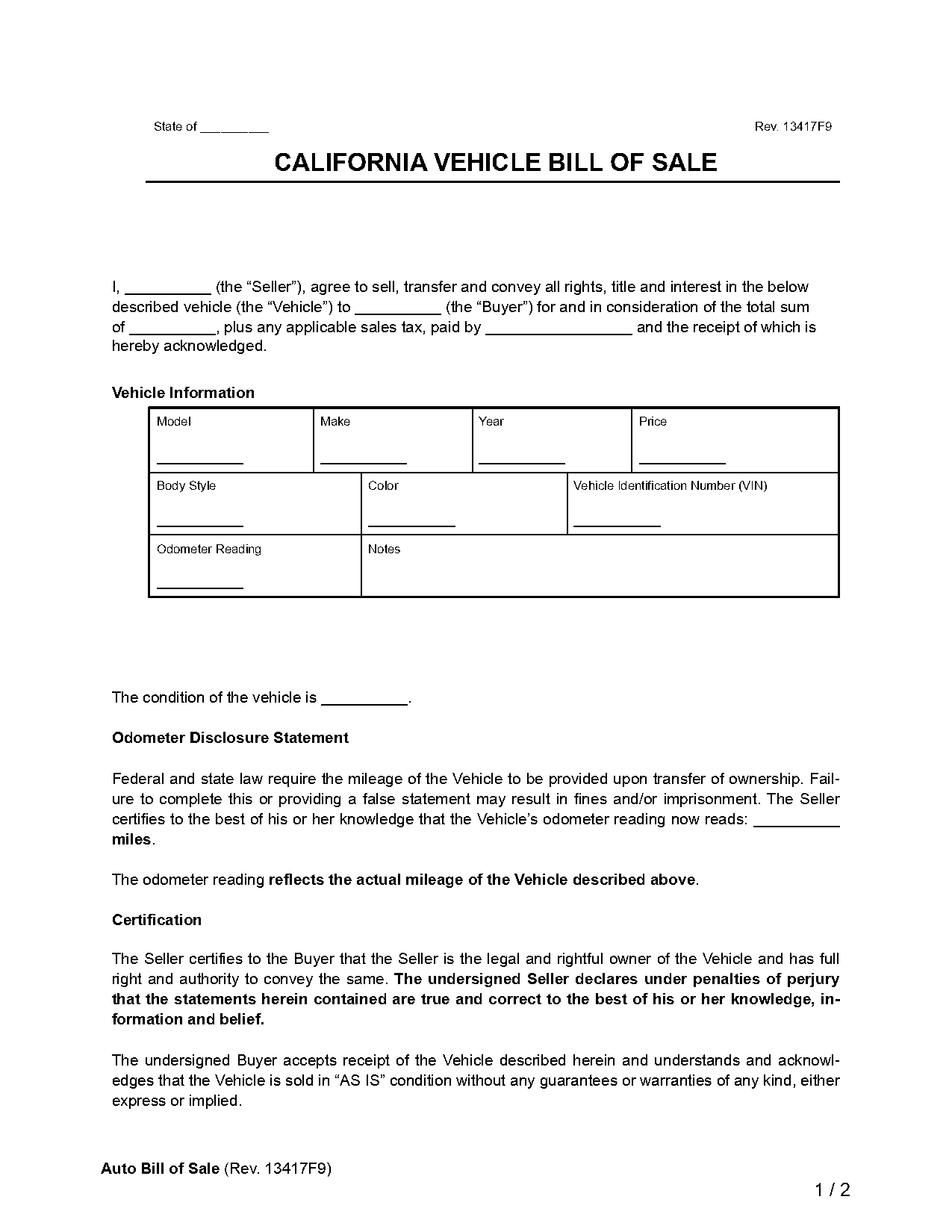 used car bill of sale sample california