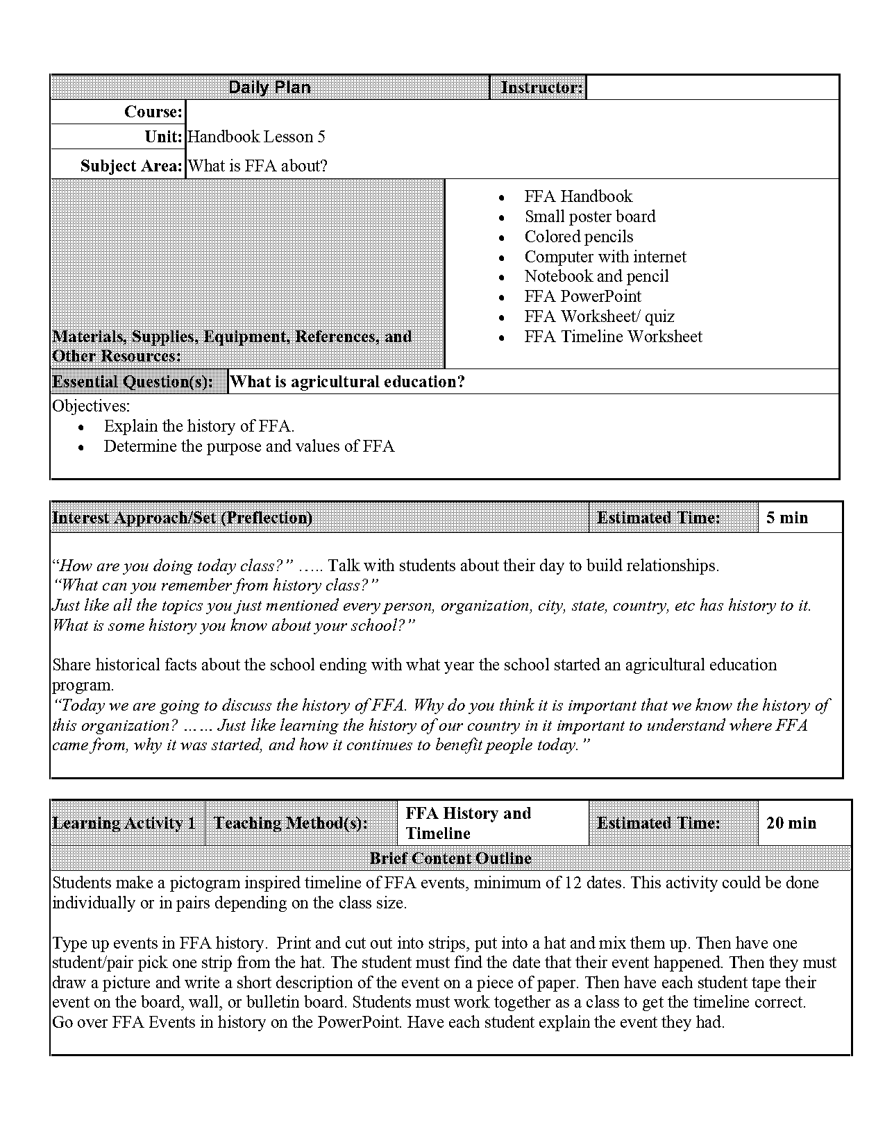 ffa student handbook timeline