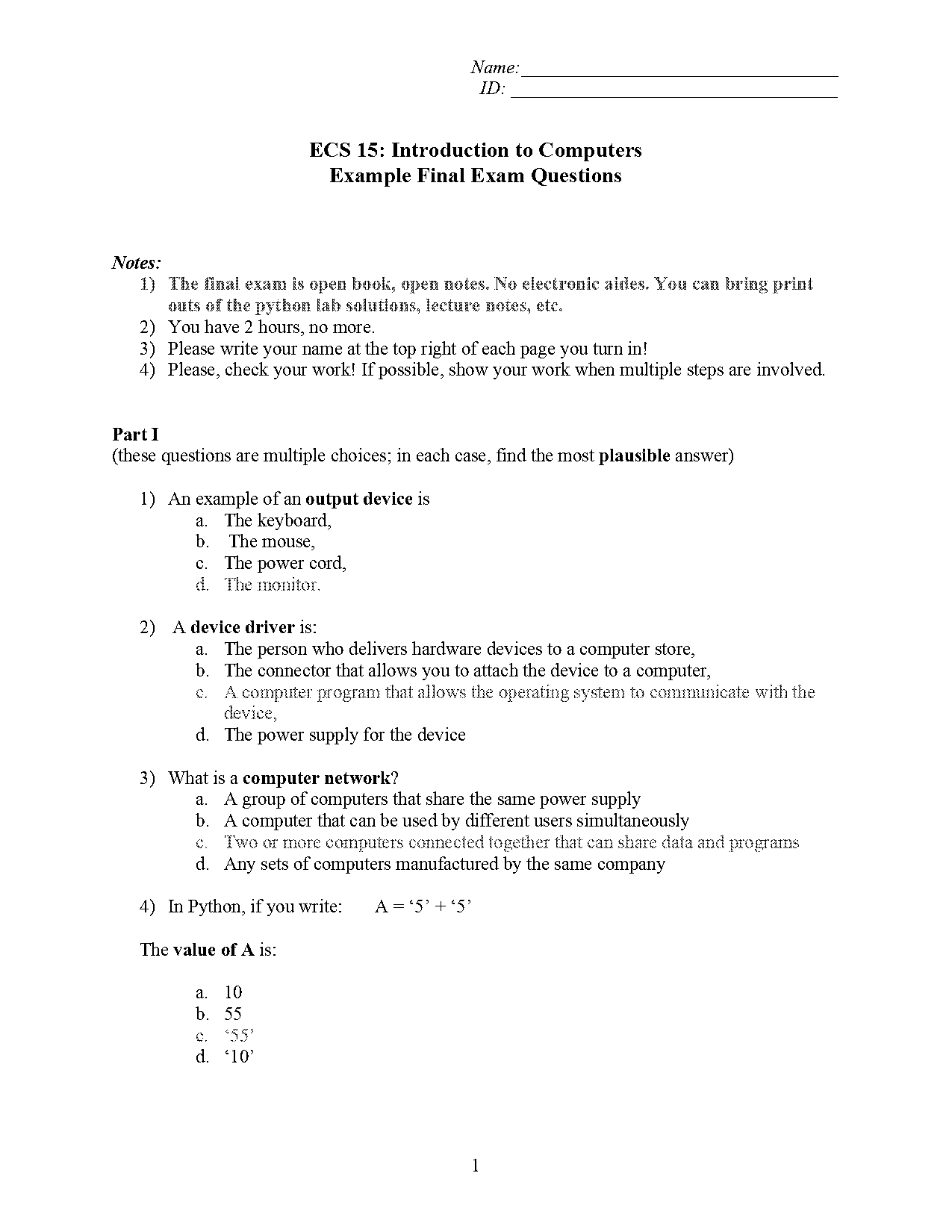 introduction to computer science pdf exam with answerss