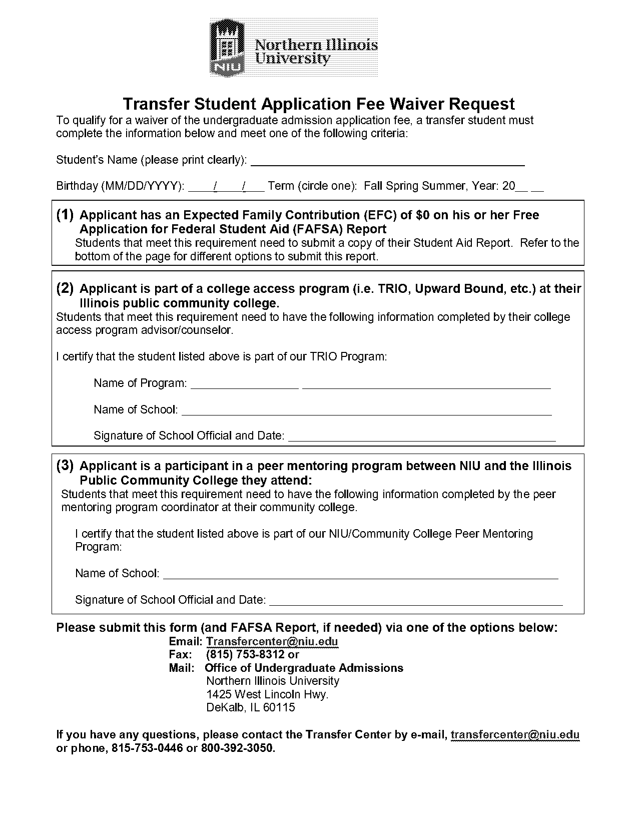 niu fee waiver application