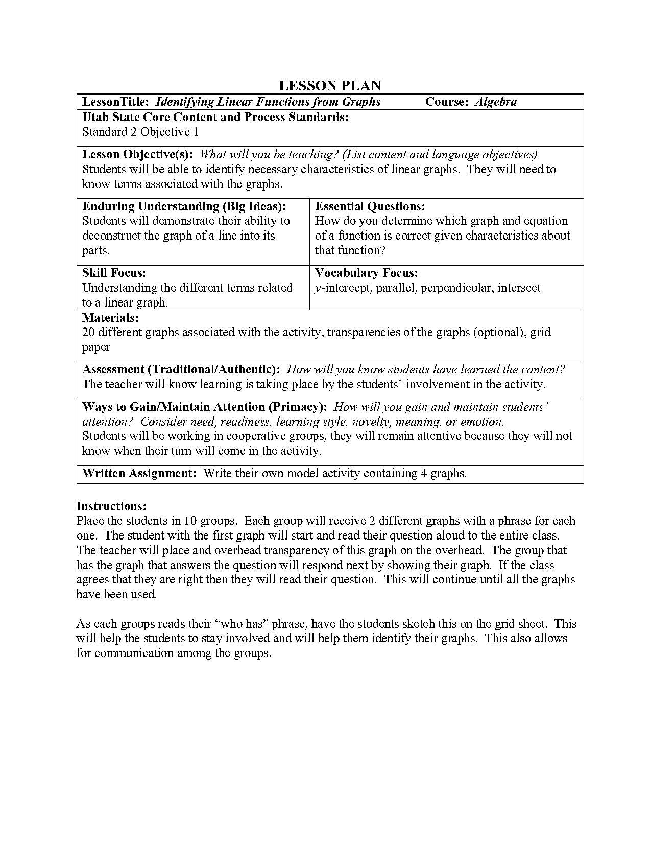 algebra lesson plan graphing linear equations