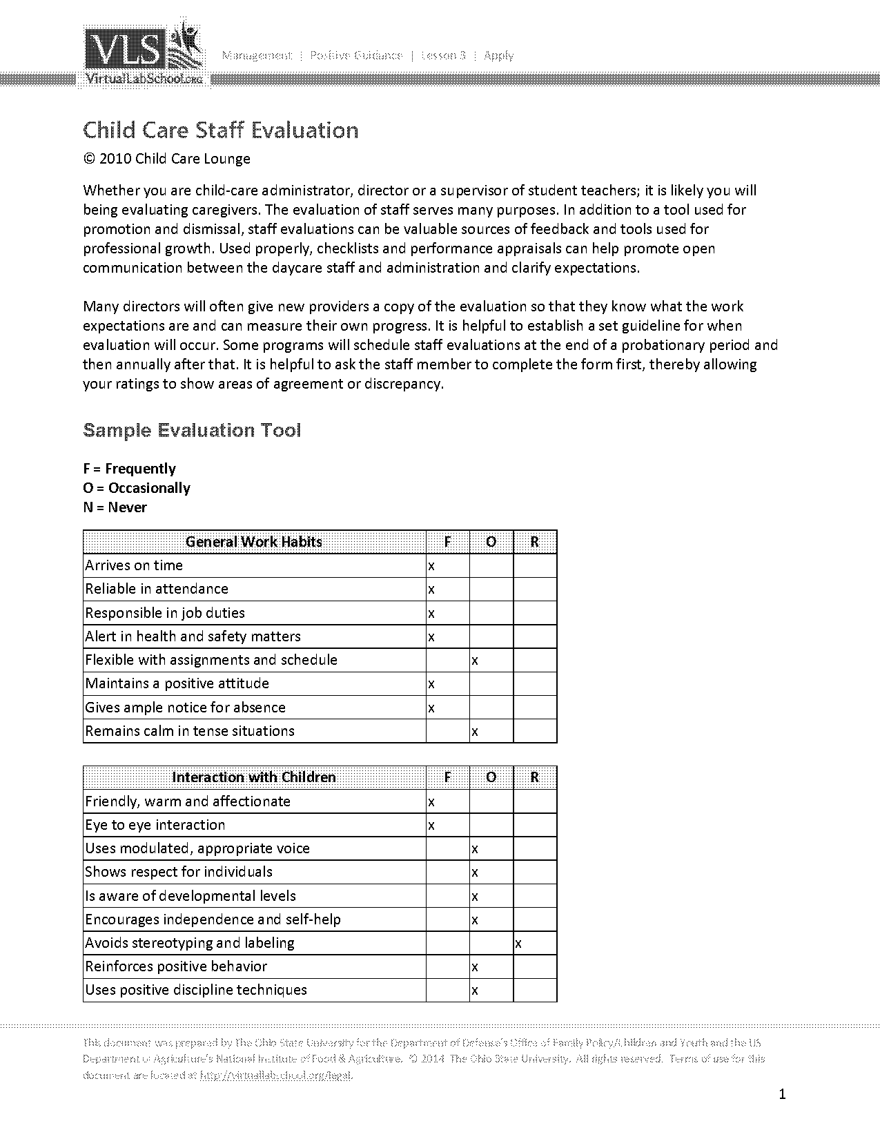 staff evaluation examples childcare