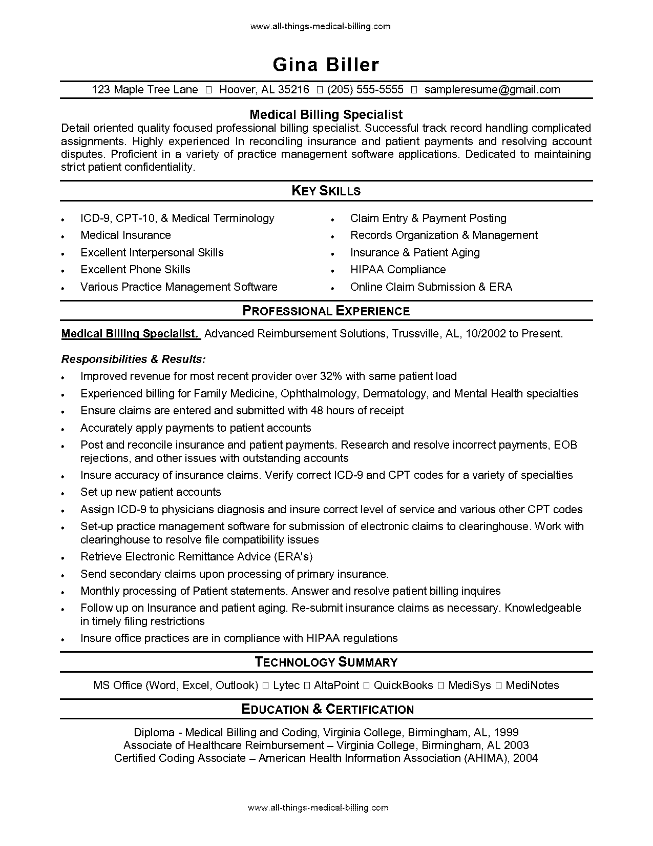 medical billing clerk sample resume