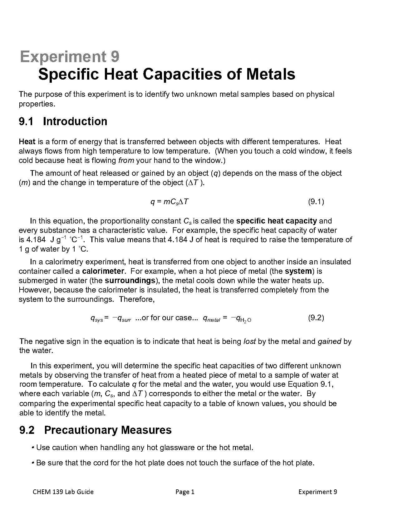 calorimetry specific heat of a metal lab report