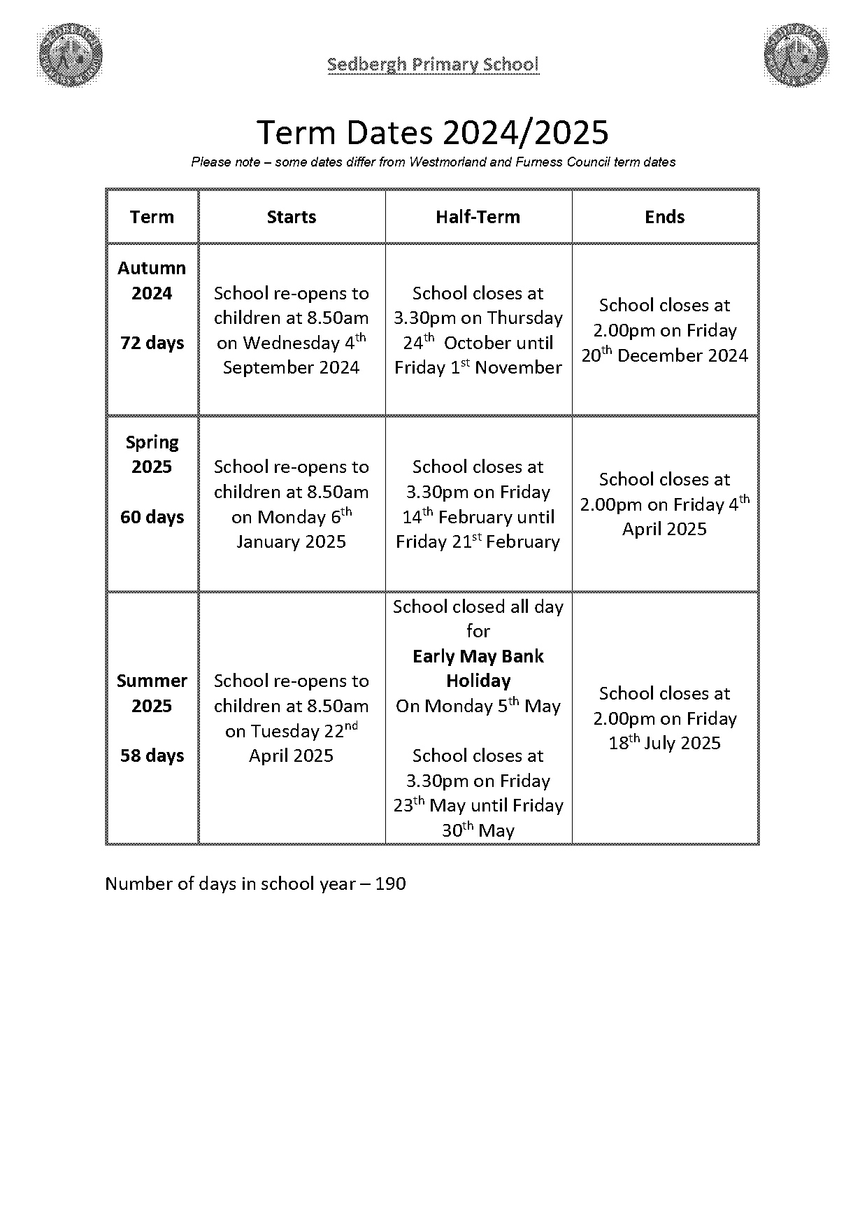 sedbergh primary school term dates