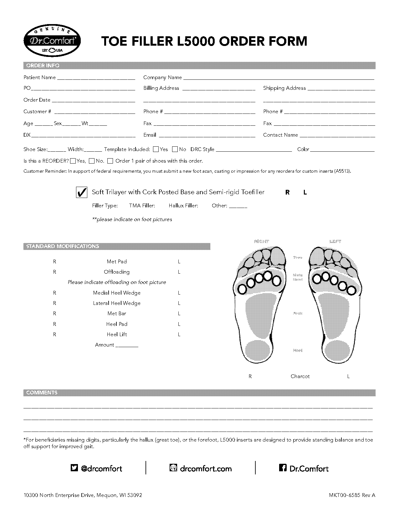 dr comfort custom insert order form