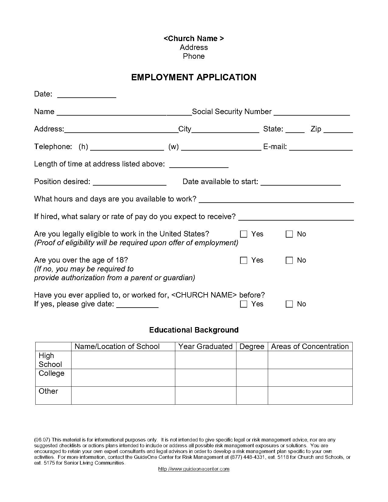 sample church employment application