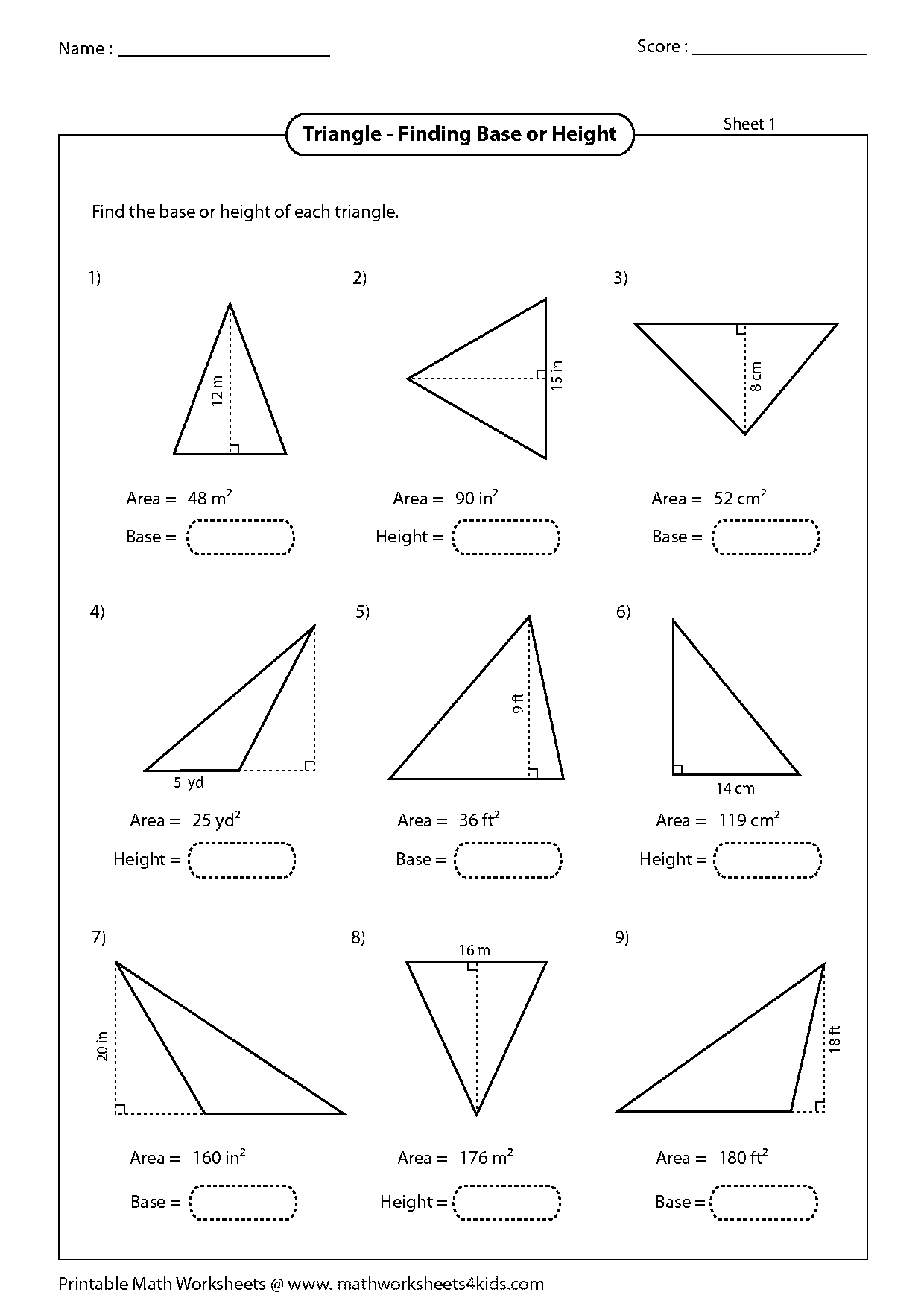 area of a triangle free worksheets