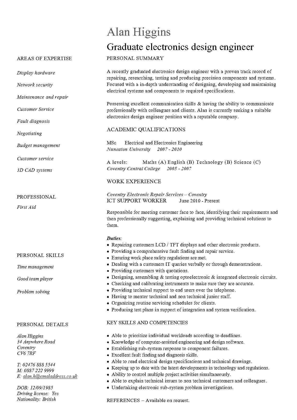 electronic design engineer cv template