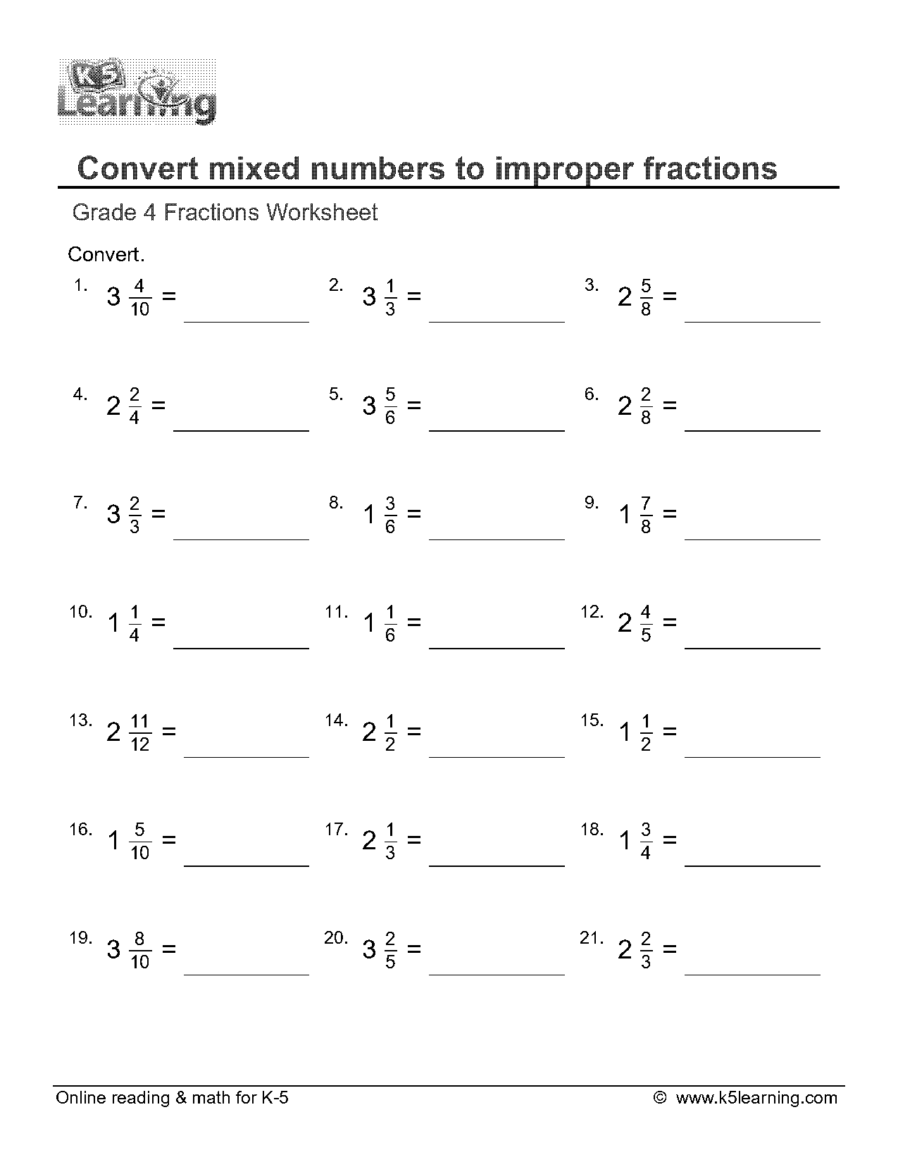 convert mixed numbers to improper fractions worksheets