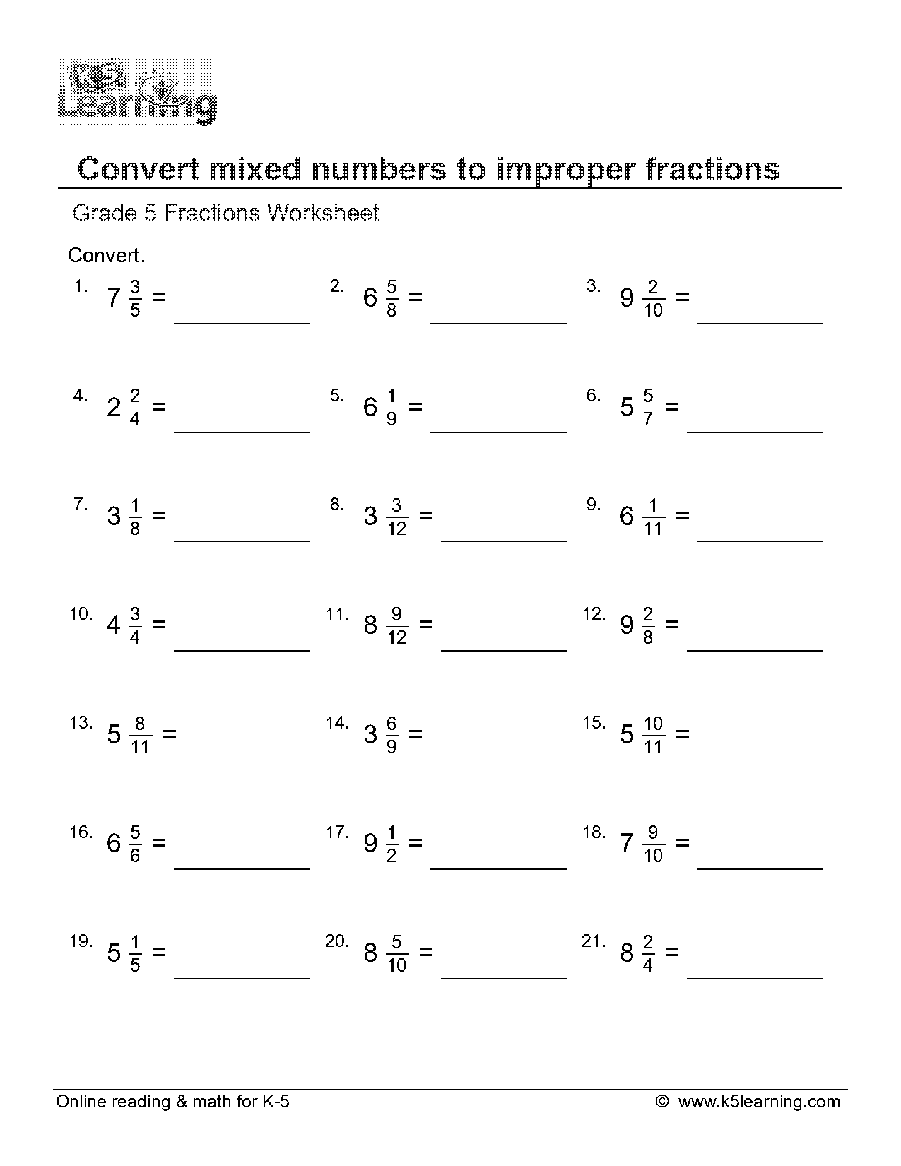 convert mixed numbers to improper fractions worksheets