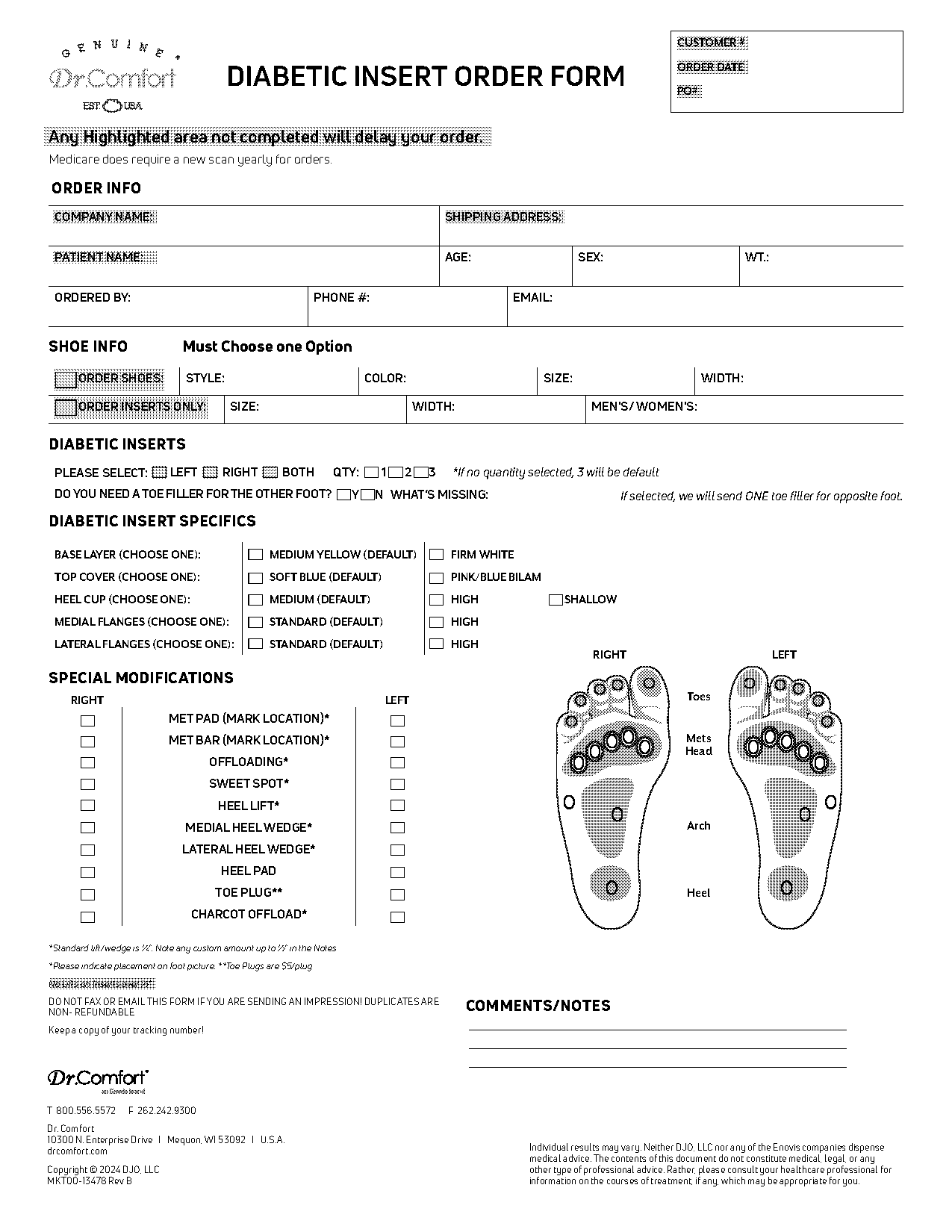 dr comfort custom insert order form