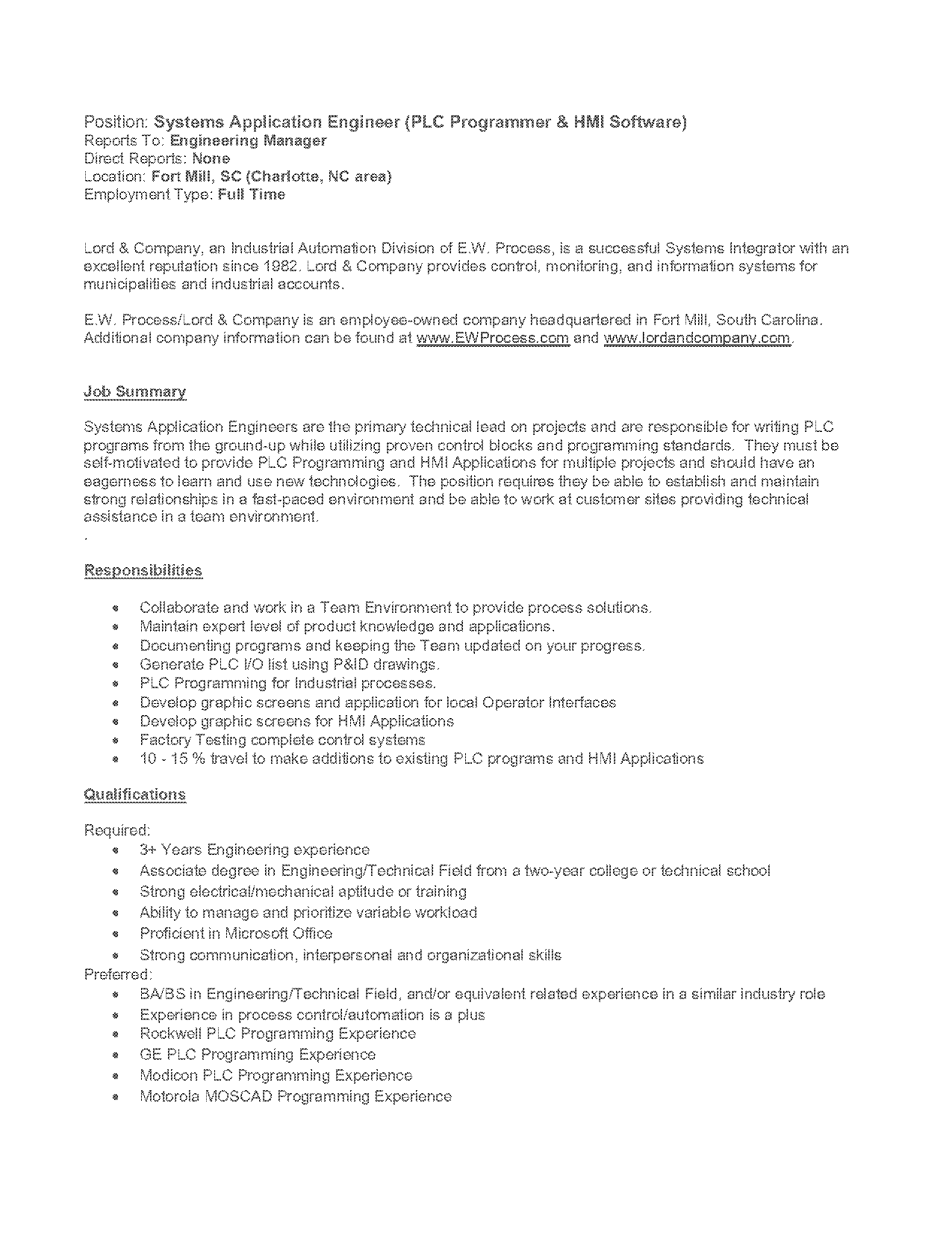 plc application engineer resume