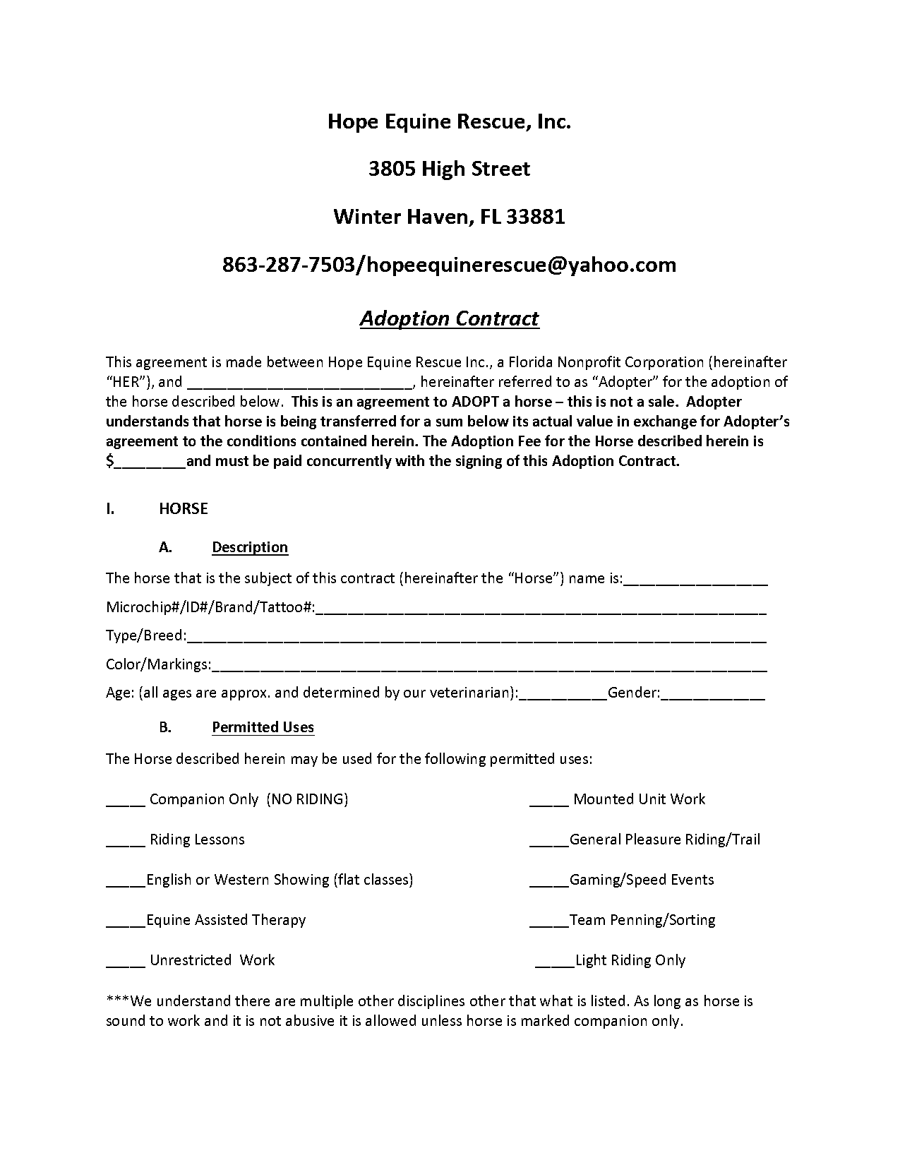 sample horse adoption contract