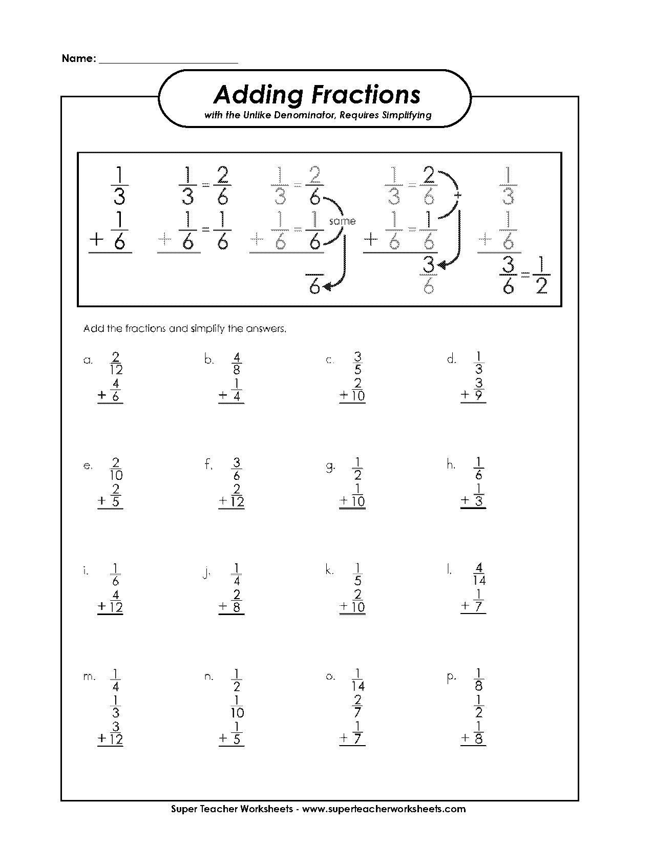 unlike denominators adding fractions worksheet