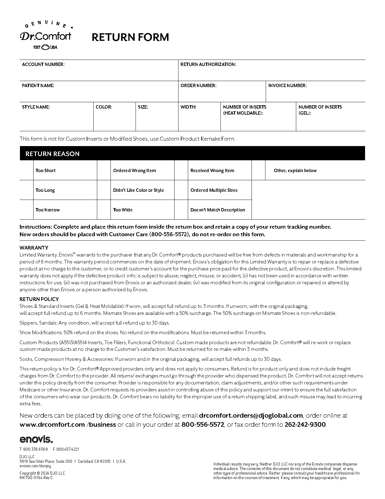 dr comfort custom insert order form